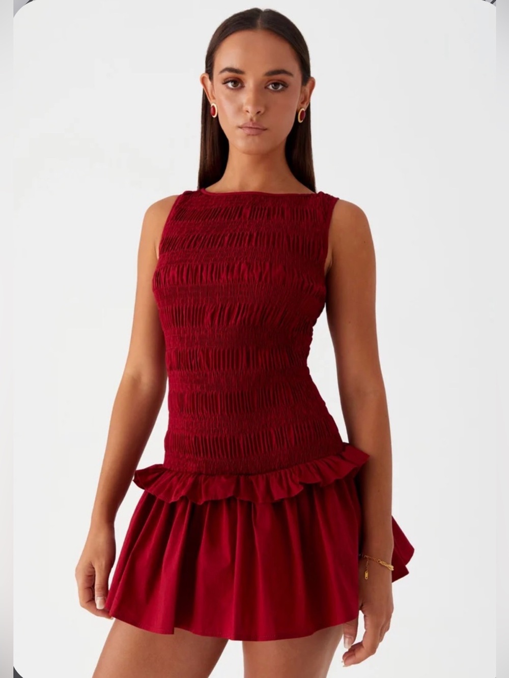 Peppermayo Red Ruched Sleeveless Mini Dress